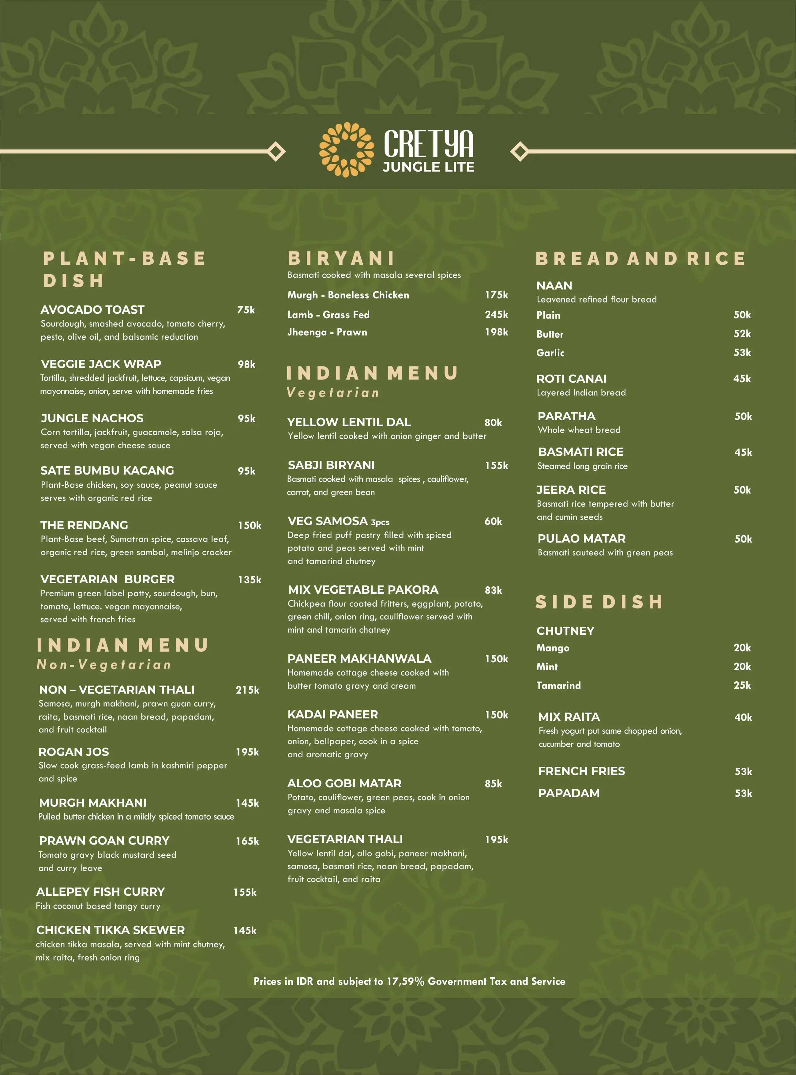 Cretya Jungle Lite menu